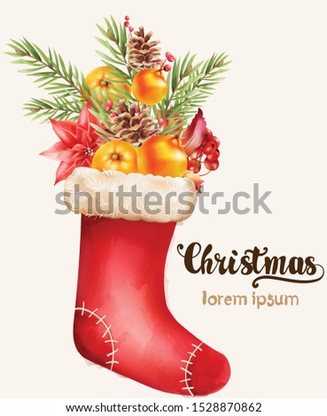 Christmas stocking full of holiday ornaments. Fir leaves, orange, red flowers and berries. Vector
