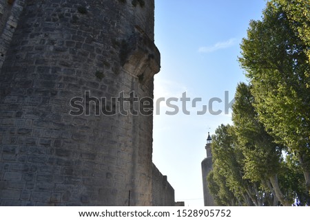 Perspective of the principal walls of Aigues-Mortes, Occitanie, France. The city was founded in 1240 by Louis IX of France