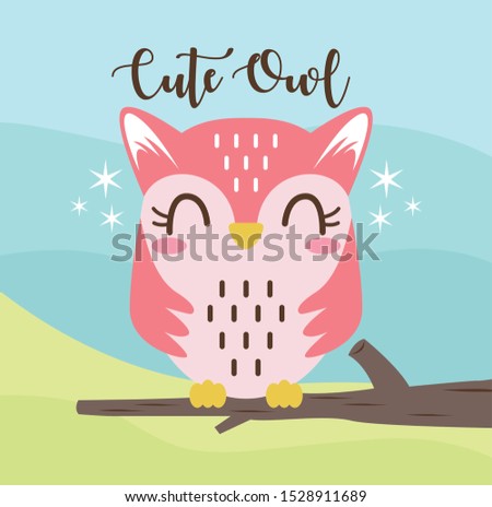 Happy Cute Owl Pink on tree design with blue and green background, good for icon, mascot, card, banner, poster, print and other uses.
