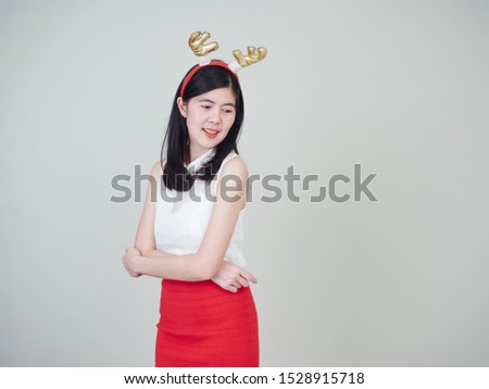 Portrait of beautiful woman asian girl and happy in costume celebrate christmas on white background.