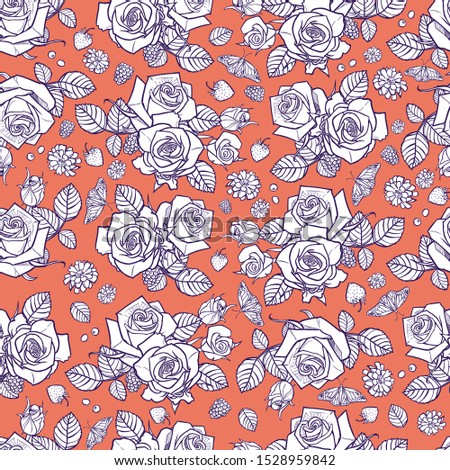 Vector orange and white roses and berries seamless pattern. Perfect for fabric, scrapbooking and wallpaper projects.