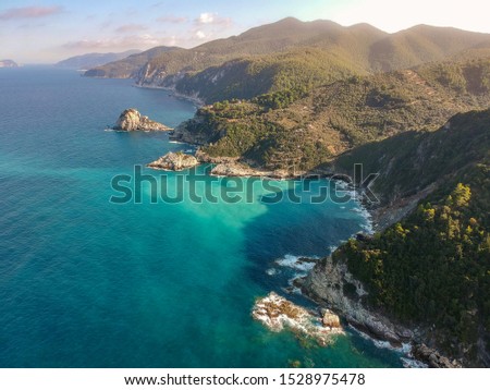 Amazing aerial scenery over the rocky beach of Mavraki in Skopelos island, Greece. It is located about 1Km from the chapel of St. John (Ioannis) at the north east side of the Island. Sporades, Greece