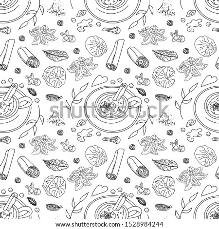 Masala chai tea outline seamless pattern, vector Royalty-Free Stock Photo #1528984244