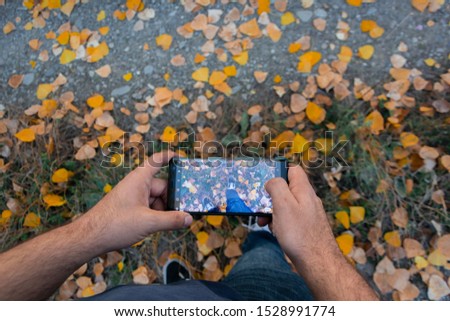 Man taking autumn outdoor photo with mobile phone. Young man taking autumn outdoor photo with mobile phone - enjoying nature and modern 