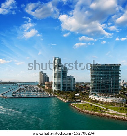 Skyline of Miami. Beautiful buildings near the ocean.