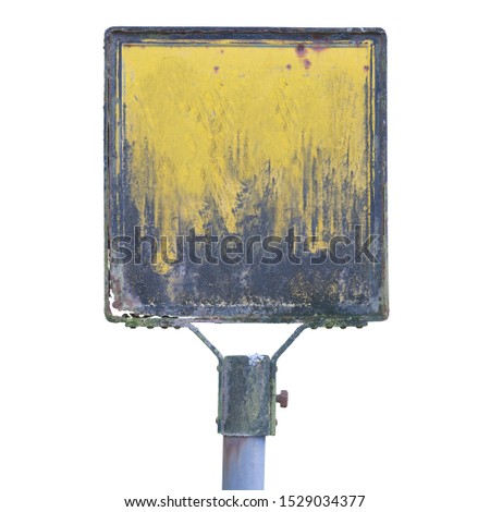 Old rusty metal sign on pole isolated on white, with copy space
