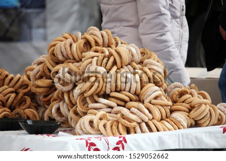 Bublik bagel bread pile at local craft fair in Valmiera, Latvia