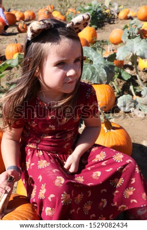 Toddler Girl Picking Pumpkin At The Farm In October