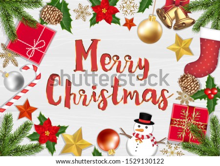 Merry Chrismast Object Top View on wood background poster