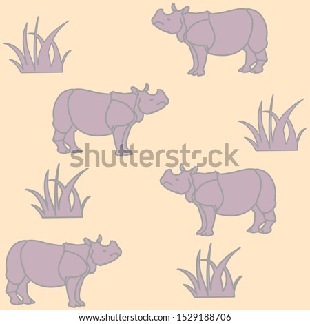 Seamless vector pattern whith light purple stylized simple rhino on peach pastel color background