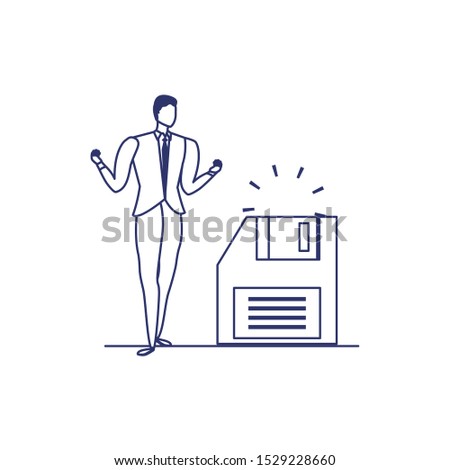 silhouette of man with floppy disk in white background vector illustration design