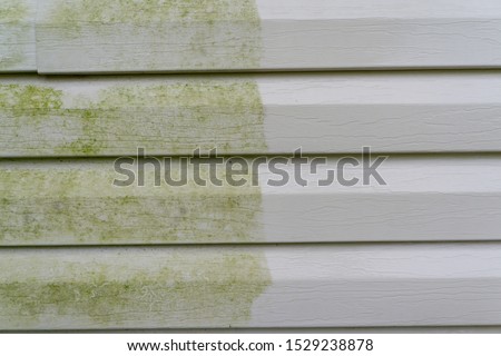 Before and after photo of vinyl siding with mold/algae. Royalty-Free Stock Photo #1529238878