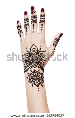 Image detail of henna being applied to hand isolated over white Royalty-Free Stock Photo #152924027