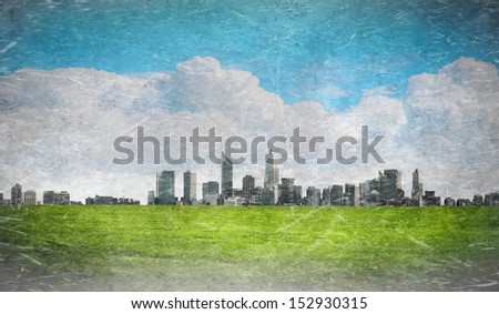 Old picture with urban cityscape as a background