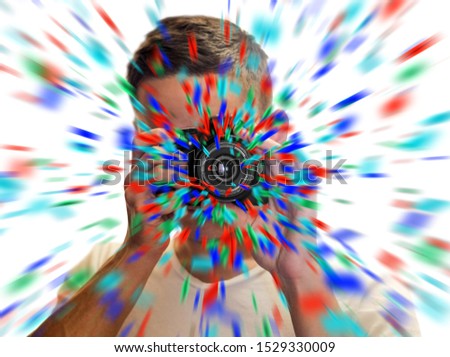 A man with a black SLR camera. Confetti flies out of the lens. Taking pictures of himself in the mirror. Selfie on the camera. Isolated on white background.