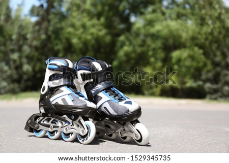 Modern inline roller skates in city park on sunny day
