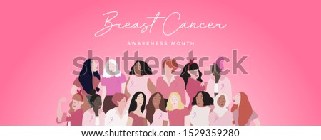 Breast Cancer Awareness Month Banner Illustration of Different Women Group with Pink Support Ribbon Royalty-Free Stock Photo #1529359280
