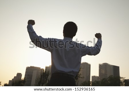 Young businessman with fists in the air celebrating, rear view
