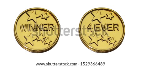 shiny gold coins with golden stars and text winner 4ever, forever, for business, advertising, soccer football sport event and fun wedding game or funny children party isolated on white background