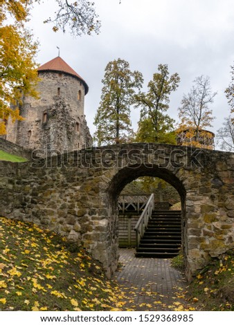 picture with old castle stone walls and colorful trees