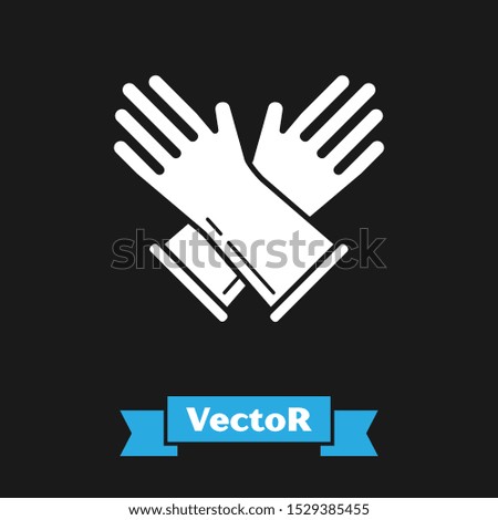 White Rubber gloves icon isolated on black background. Latex hand protection sign. Housework cleaning equipment symbol.  Vector Illustration