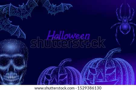 Halloween 3D pumpkin Jack bats skull and spider. Geek holiday party scary flyer. Low poly geometric polygon triangle design. Halloween creepy spooky card template vector illustration