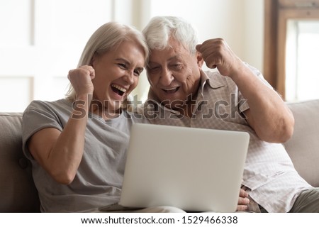 Elderly couple seated on couch looking at laptop screen scream with joy feels excited happy celebrating lottery victory, lucky moment, got online opportunity, sales and discounts e-commerce concept Royalty-Free Stock Photo #1529466338