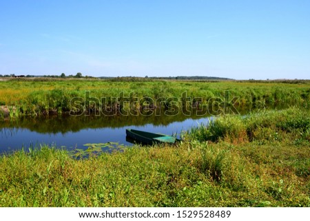 A narrow yet vast stream, river, or lake covered from both sides with dense grass, reeds, flowers, and plants with a green boat floating on the surface of the reservoir seen on a cloudless summer day