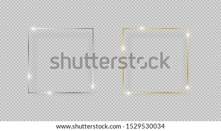 Silver and Gold Shiny Glowing Frames with Shadows Isolated on Transparent Background. Silver and Golden Luxury Realistic Square Border. Vector Illustration Royalty-Free Stock Photo #1529530034