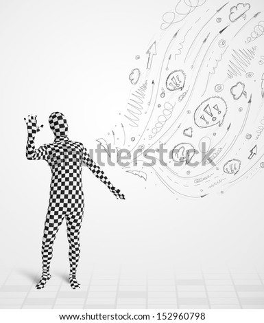 Funny guy in body suit morphsuit looking at sketches and doodles
