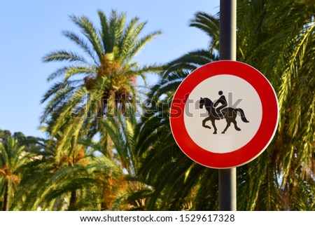 Road sign "Prohibited horse traffic" on the background of palm trees.