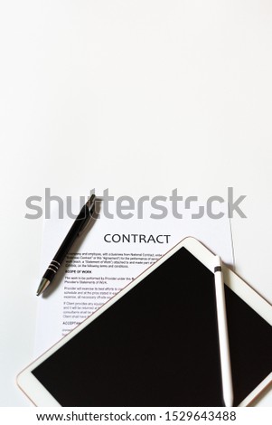 White table with business document contract form paper and empty space to sign authorized signature, copy space available for text