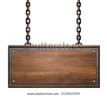 Vintage sign board with rusty chains link on white background