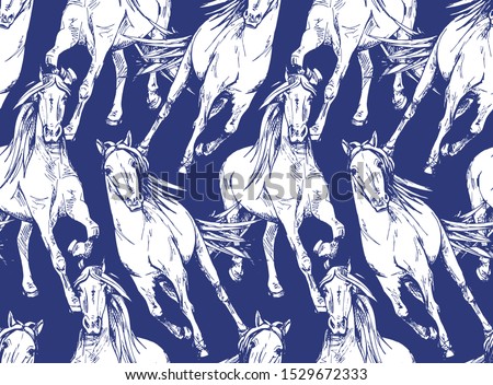 Seamless wallpaper pattern. The running beautiful white horses on a dark blue background. Textile composition, hand drawn style print. Vector illustration.