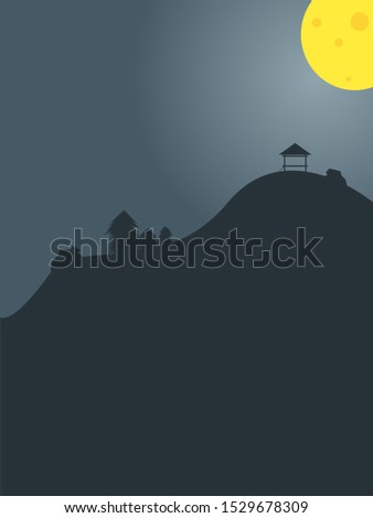 Mountain, hill at night view with traditional building at the top illustration. Nature landscape silhouette flat illustration