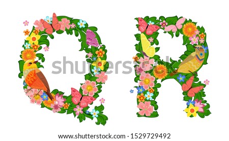 fancy collection of colorful letters Q, R with butterflies and birds for your design