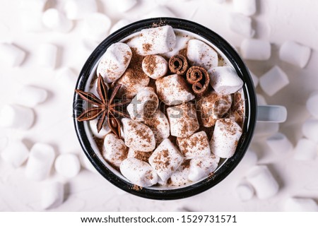 Metal mug of hot chocolate with marshmallows on white background. Сinnamon and star anise. Royalty-Free Stock Photo #1529731571