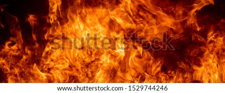 Fire flame burning and fire glowing on black dark background, hot flame heat energy fuel fire motion pattern abstract texture.