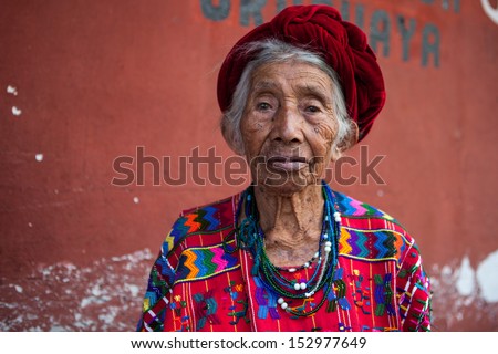 Senior woman in ethnic traditional Latin American dress. Travel background for Guatemala.