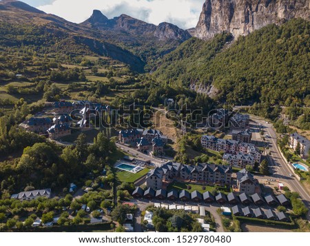 Aerial shot of a small town in the Spanish Pyrenees 