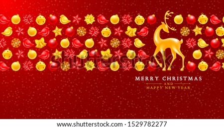 Christmas and New Year greeting luxury design with festive elements such as golden jingle bells, christmas balls, birds, voluminous and glossy figure of a deer, etc on red background. Vector.