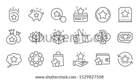 Loyalty program line icons. Bonus card, Redeem gift and discount coupon signs. Lottery ticket, Earn reward and winner gift icons. Linear set. Quality line set. Vector Royalty-Free Stock Photo #1529827508