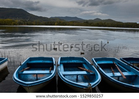 Blue boats with oars on the lake