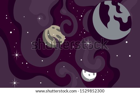 Vector space background . Cute flat style template with Stars  Planet and Moon in Outer space