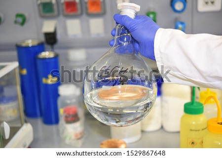 Large round-bottom flask flask with ethanol in the hands of an employee of the laboratory on the background of the working surface. Alcohol. Spirit. Royalty-Free Stock Photo #1529867648