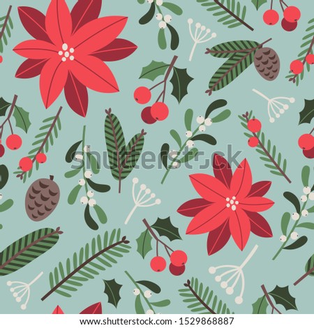 Christmas seamless pattern with floral decoration and poinsettia isolated on bright blue background. Vector illustration for wrapping paper, fabric, greeting cards. Holiday design.