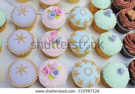 cupcakes cakes wedding in rows various styles stock photo, stock, photograph, image, picture 