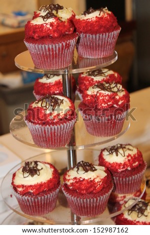 red velvet cupcakes various on stand stock photo, stock, photograph, image, picture 