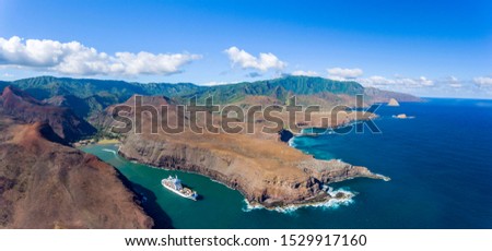 Beautiful aerial view of the VAIPAEE valley on the southwest coast of the island of UA HUKA in the Archipelago of the Marquesas Islands