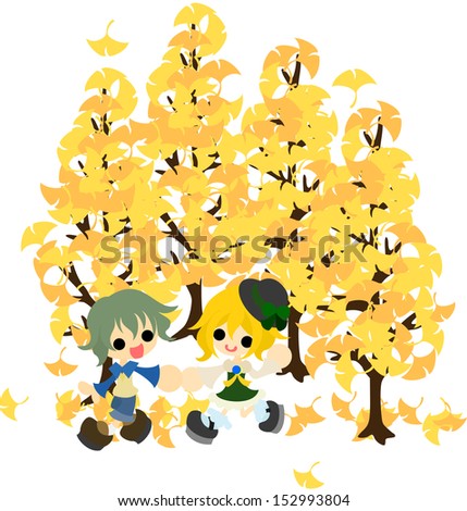 The little boy and girl who runs in the forest of the ginkgo.